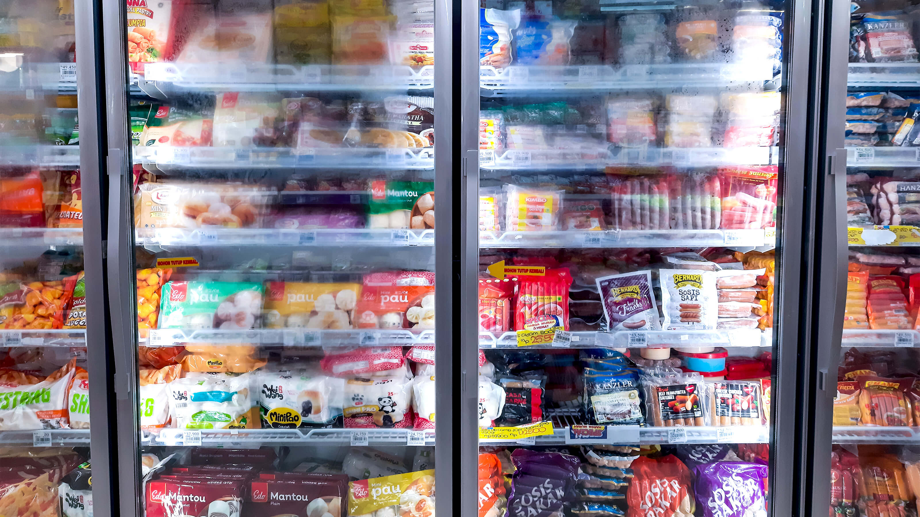 Frozen food stored in a store freezer