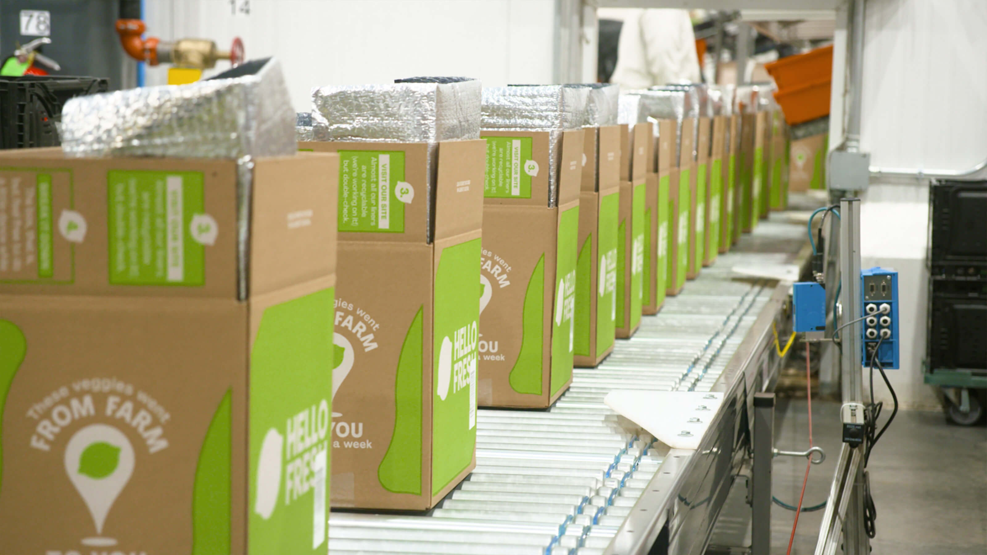 HelloFresh meal kits on conveyor belt at a Swisslog-automated distribution center