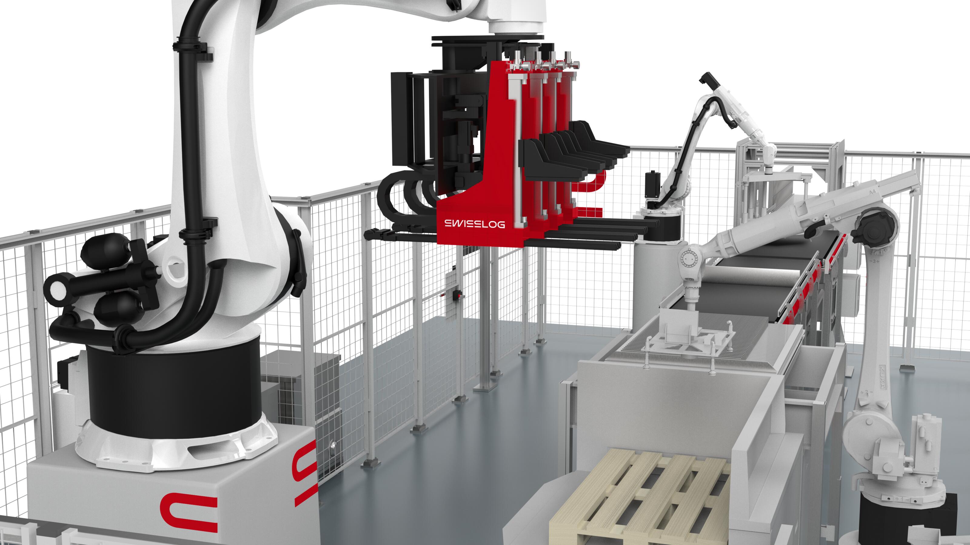 La solución ACPaQ basada en robots de Swisslog realizando paletización de cajas mixtas para palets aptos para tiendas.