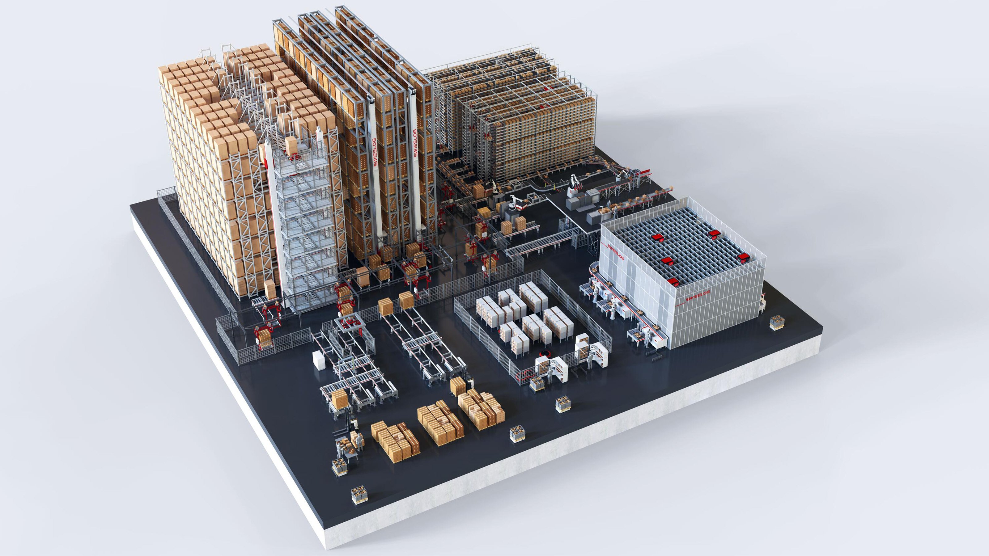 Swisslog warehouse automation system rendering showcasing advanced robotics and efficient storage solutions