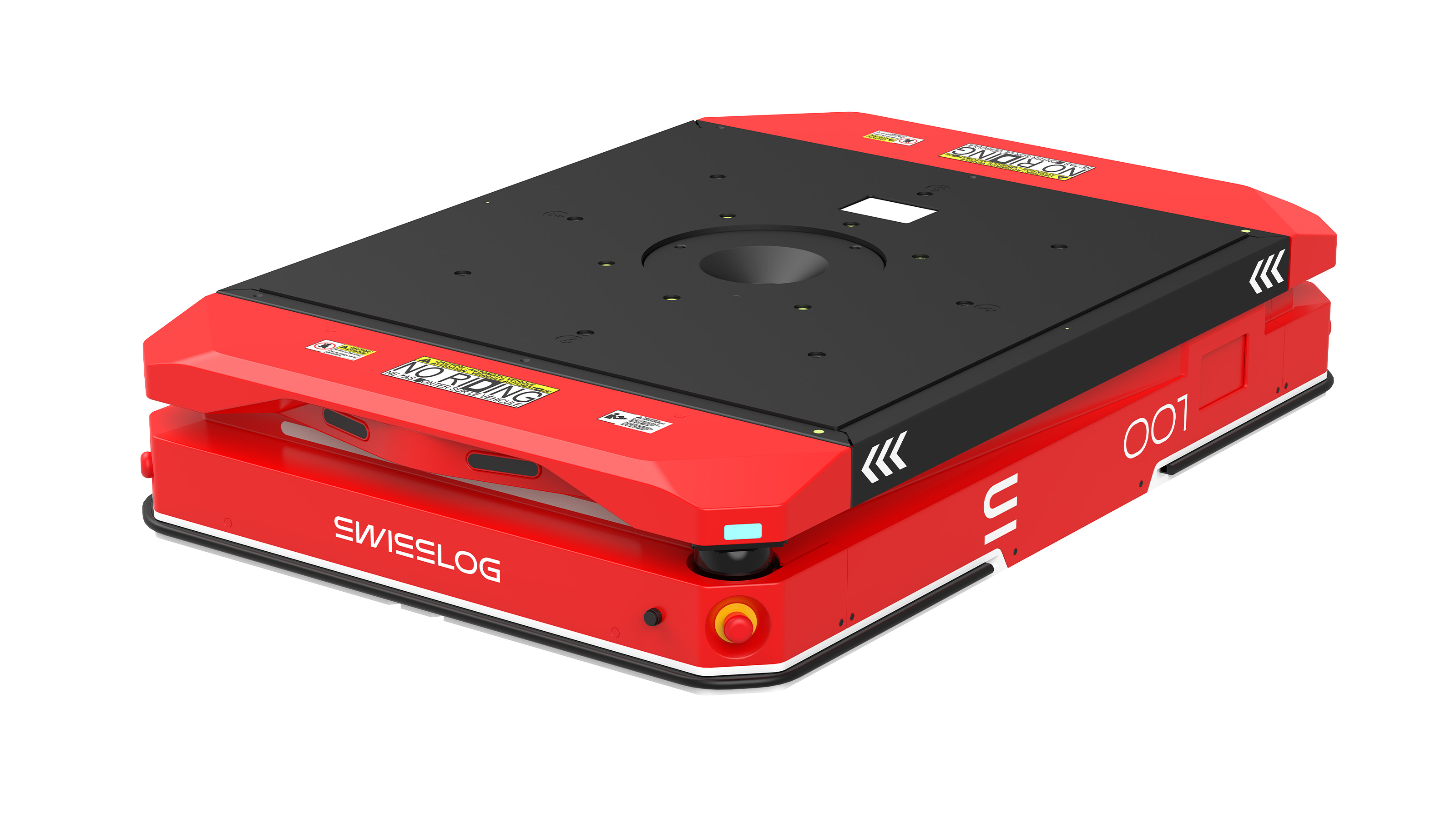 Swisslog AMR for payloads up to 1500kg, red and black autonomous mobile robot with Swisslog logo